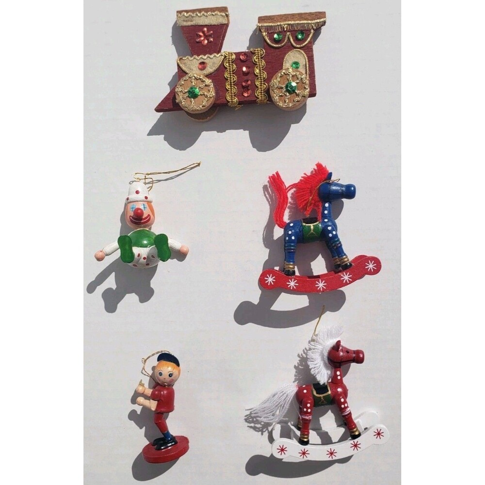 Vintage Lot x5 Wood Rocking Horse Christmas Ornament Made in Taiwan R.O.C Japan